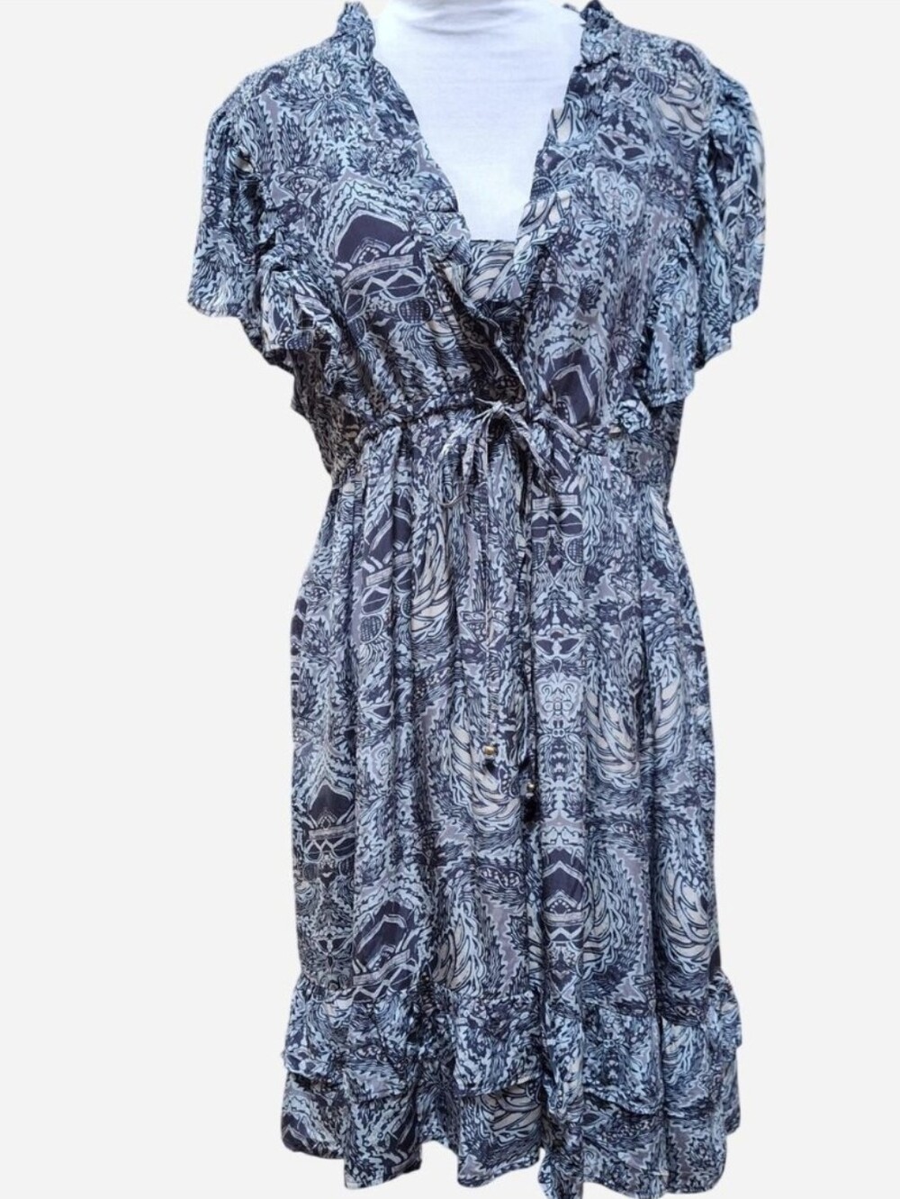 Sundance Blue Paisley Skye Boho Ruffle Flutter Sleeve Dress S